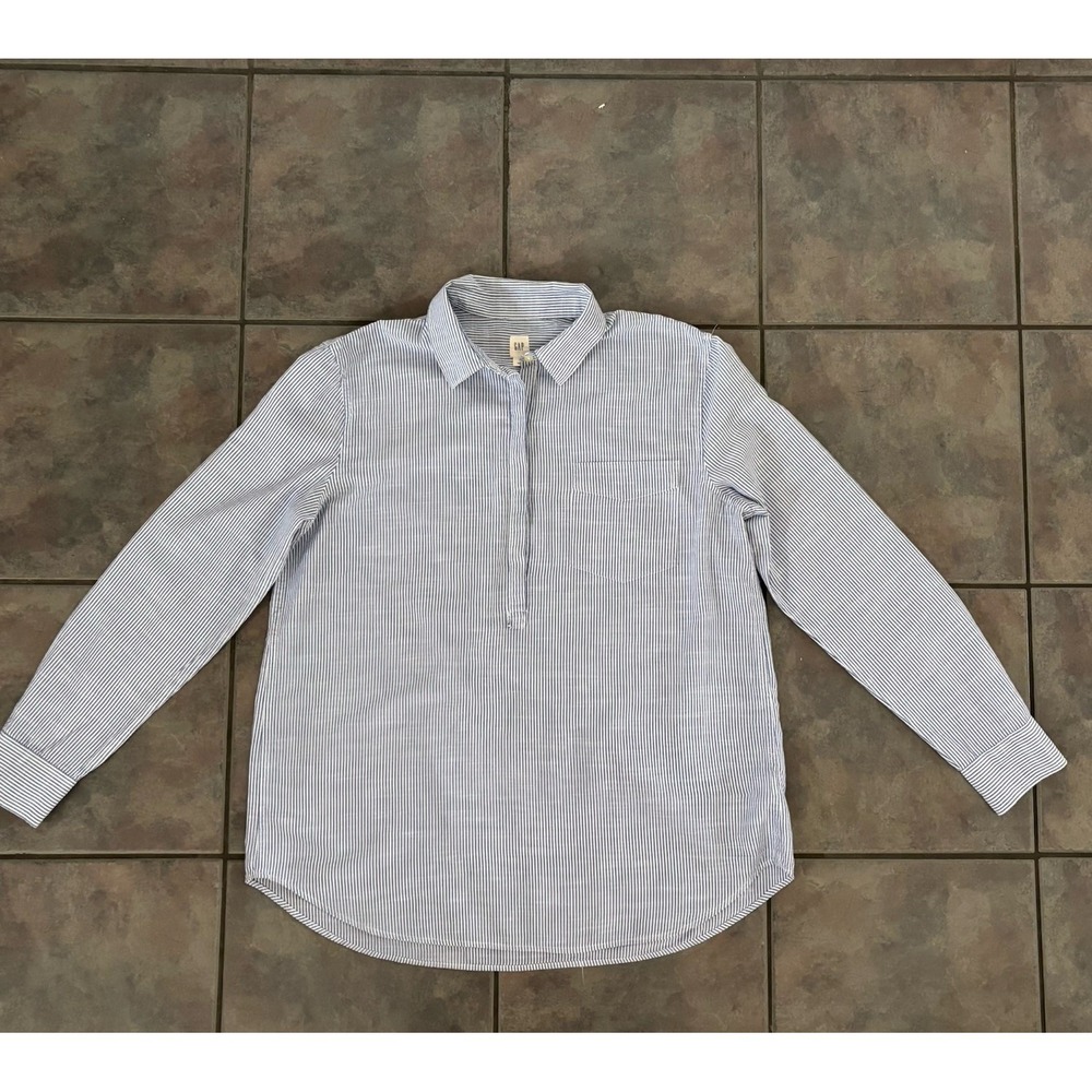 Gap Women Blue Pinstripe collared Cotton Tunic shirt 3/4‎ Button Down Large